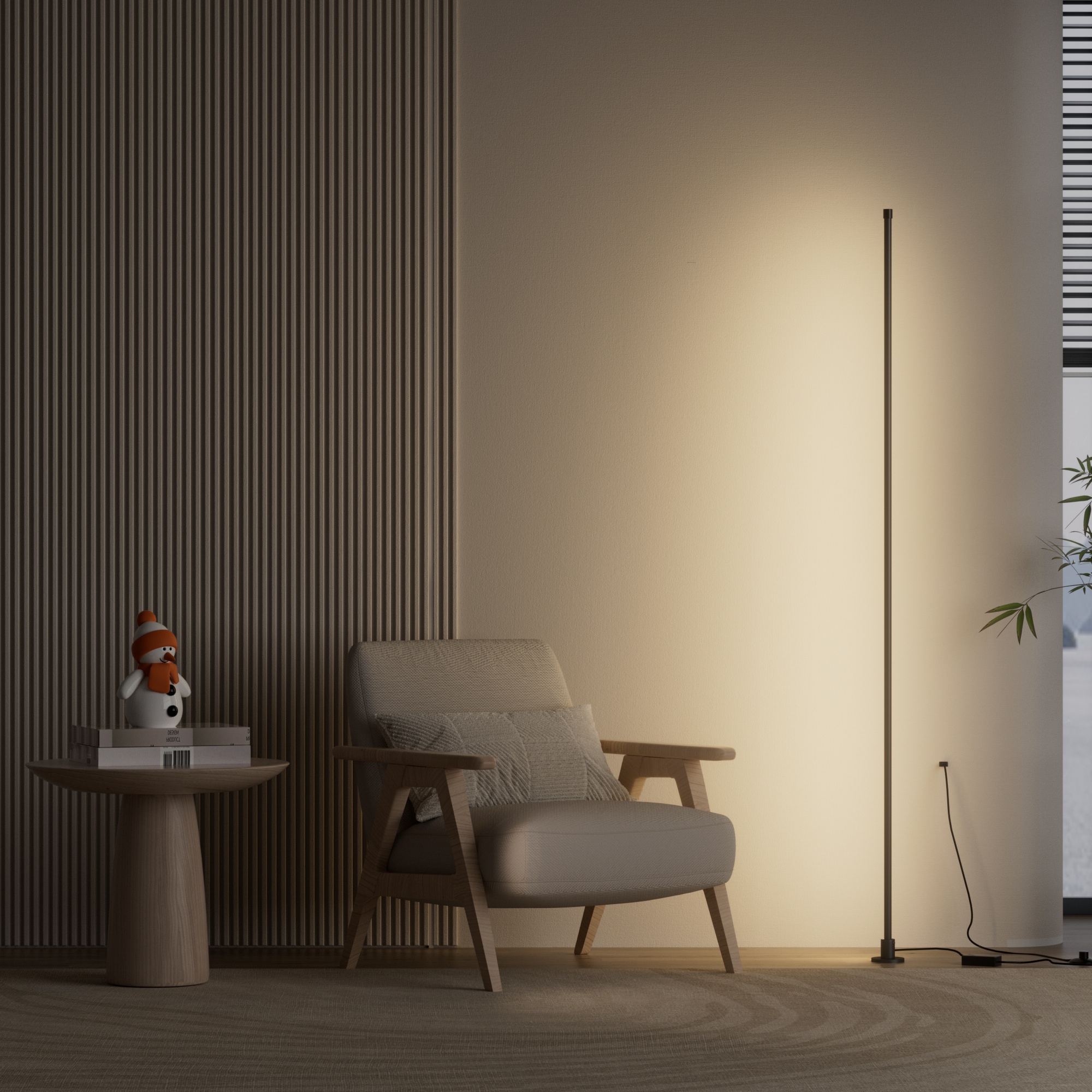 利用智慧落地氛圍燈創造舒適光感，圖片展示了將燈光打向牆壁，以間接照明的方式為客廳角落帶來明亮而不刺眼的光線。