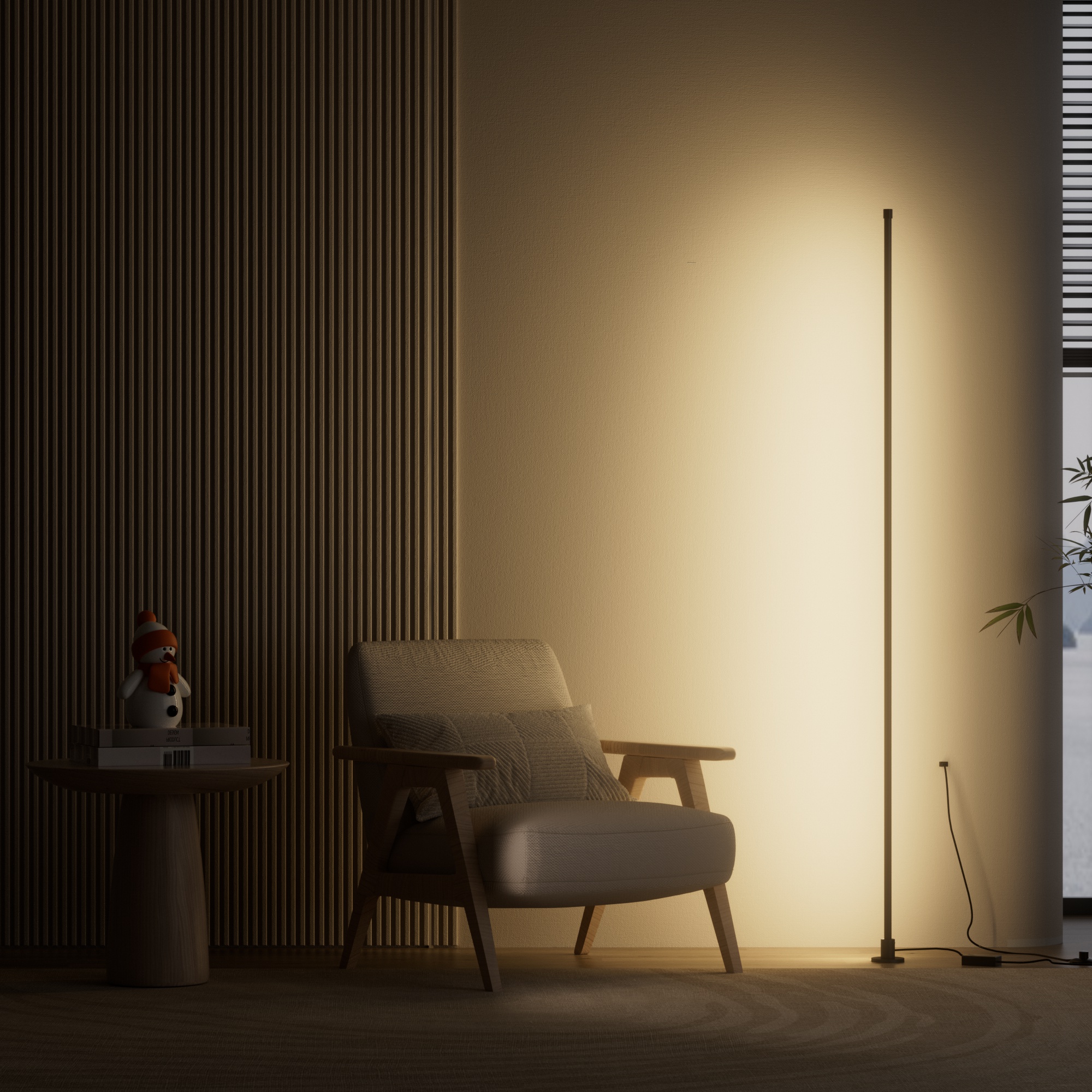 利用智慧落地氛圍燈的間接照明，為您的客廳角落增添一抹溫馨暖黃光，打造一個適合閱讀或放鬆的舒適空間。