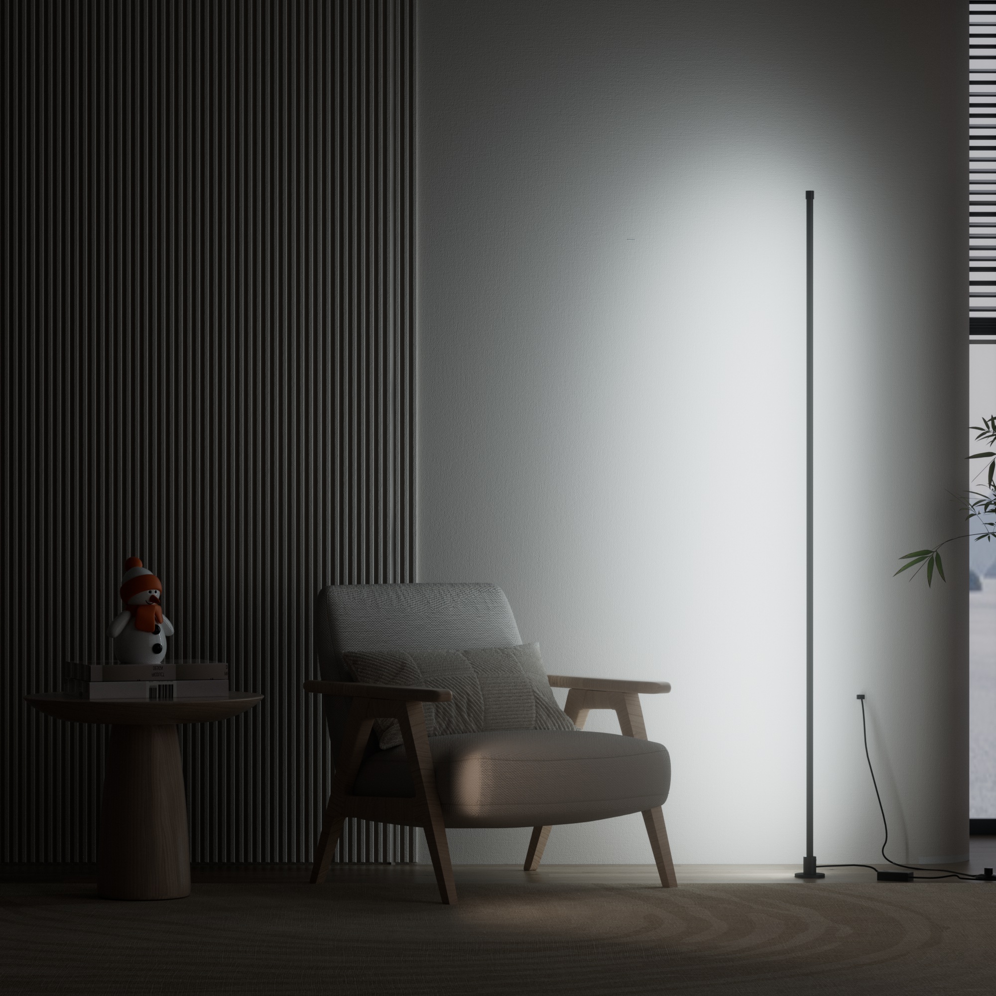 透過智慧落地氛圍燈的間接照明，為客廳或書房提供充足的輔助白光，創造一個適合工作或專注活動的明亮環境。