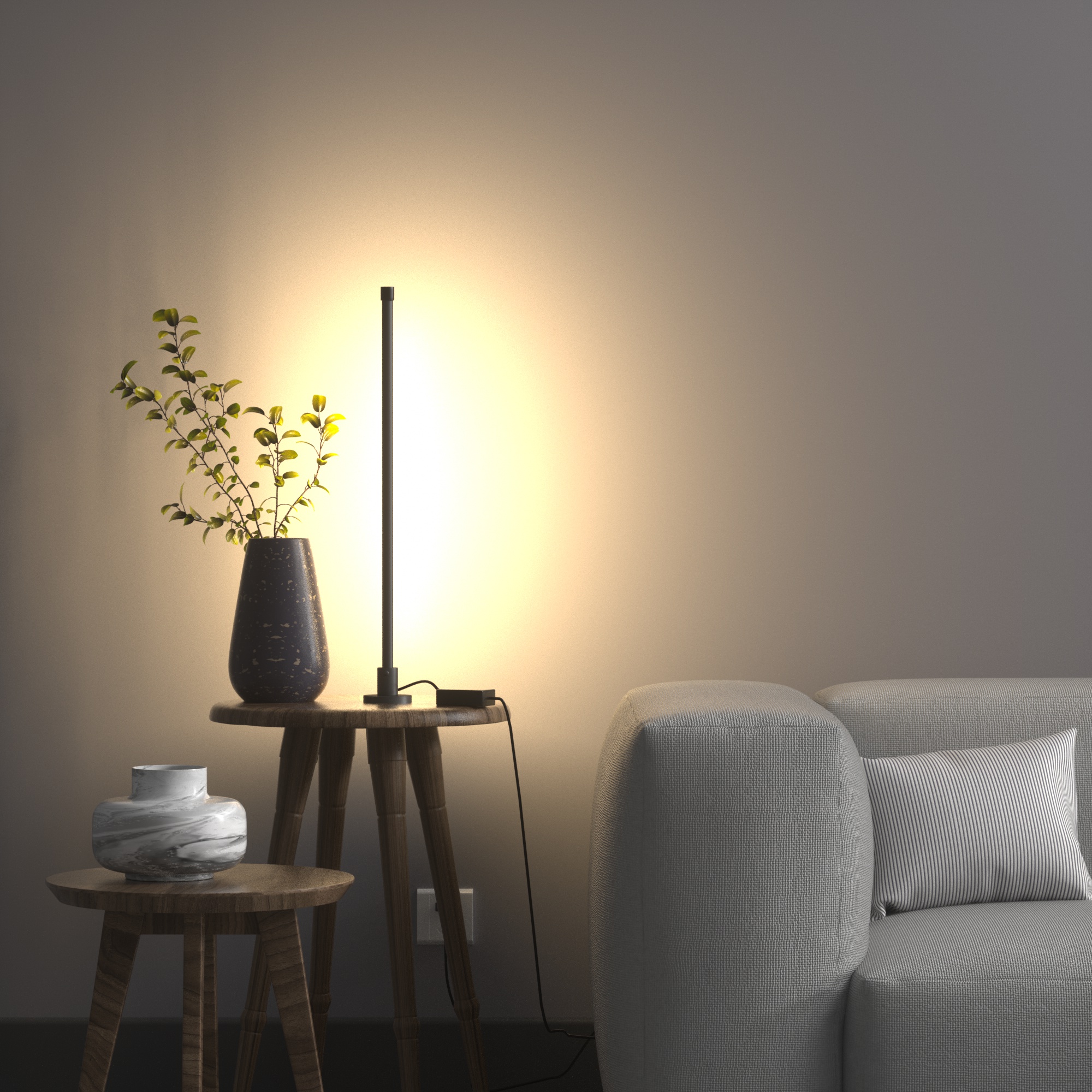 為您的桌面打造一處溫馨的發光端景。圖片展示了智慧氛圍燈擺放在邊桌上，透過其柔和的背光效果，為牆面與裝飾品增添溫暖的藝術氣息。