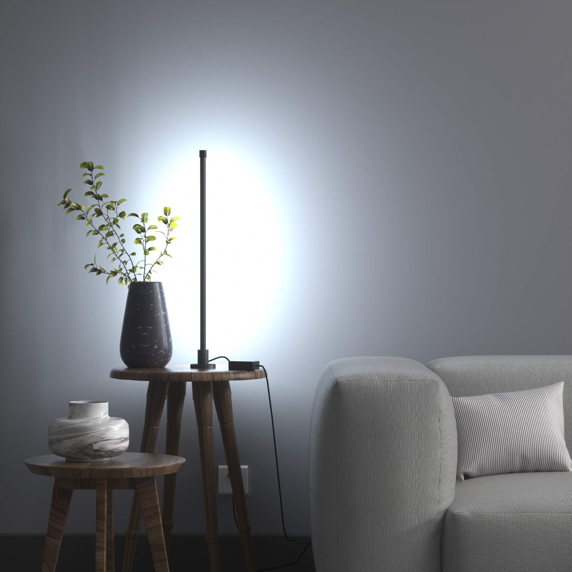 為您的桌面打造一處溫馨的發光端景。圖片展示了智慧氛圍燈擺放在邊桌上，透過其柔和的背光效果，為牆面與裝飾品增添溫暖的藝術氣息。