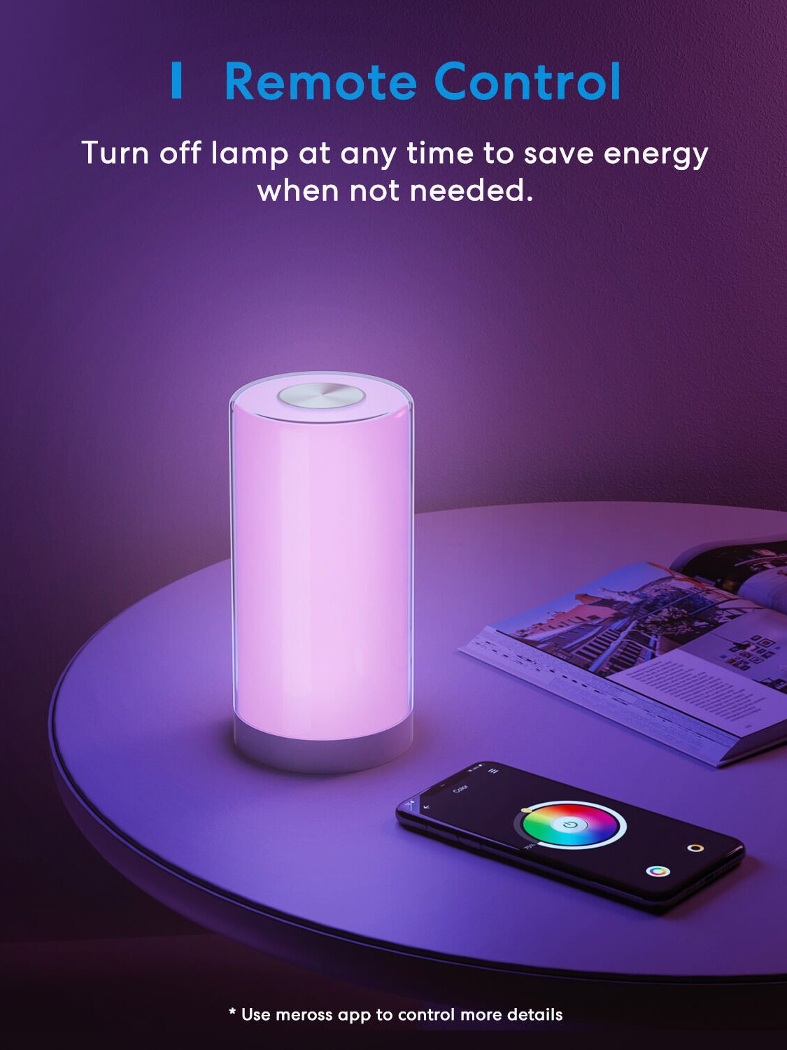 透過手機 App 輕鬆打造個人化氛圍，圖片中 Meross MLS430 床頭燈正散發著紫色光芒，使用者可隨時透過 App 的 RGB 色環來改變燈光顏色。