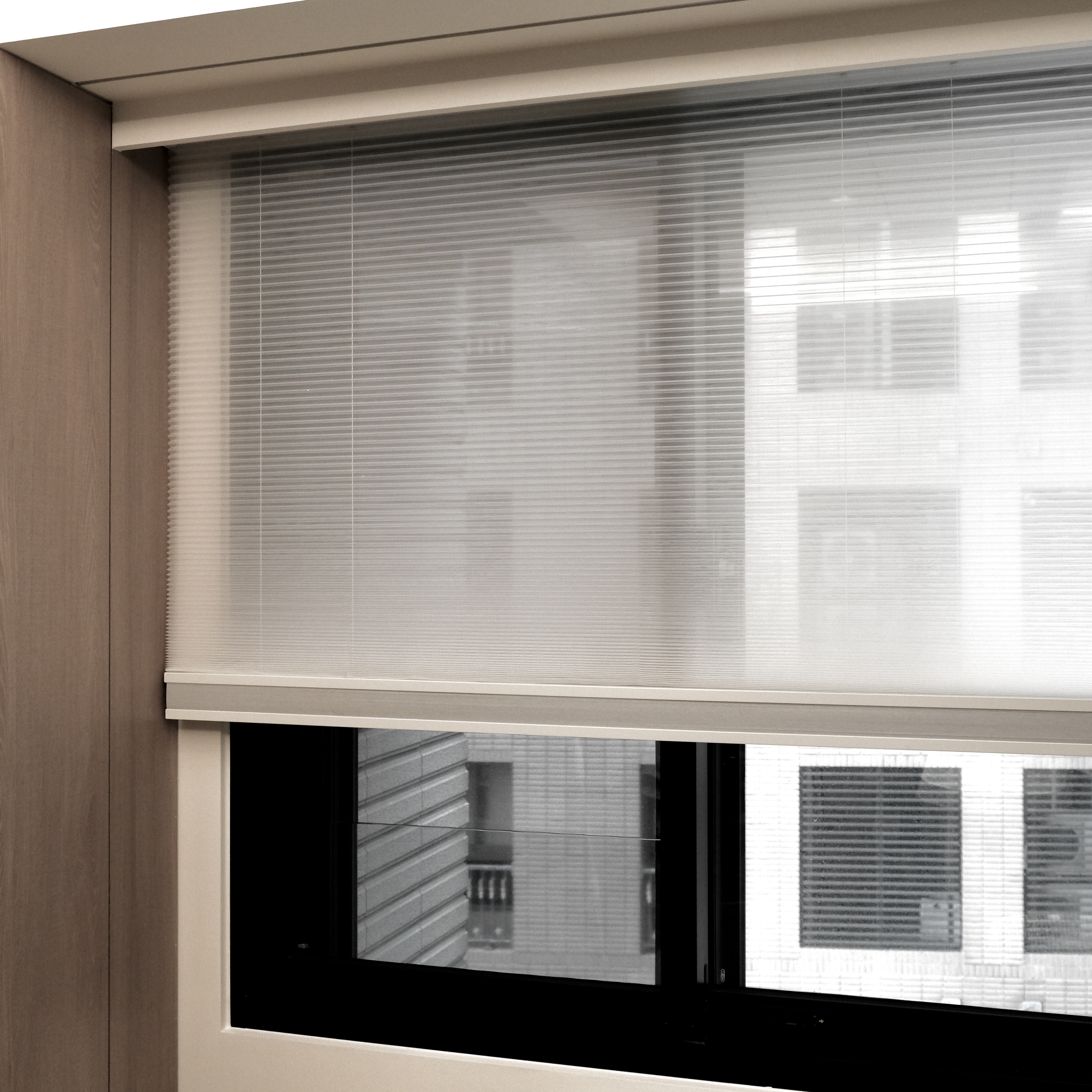 一張展示 Zemismart Matter 智慧日夜蜂巢簾如何調節採光的圖片，白天的紗簾模式能將刺眼的陽光轉化為溫和的漫射光，讓室內既明亮又舒適。