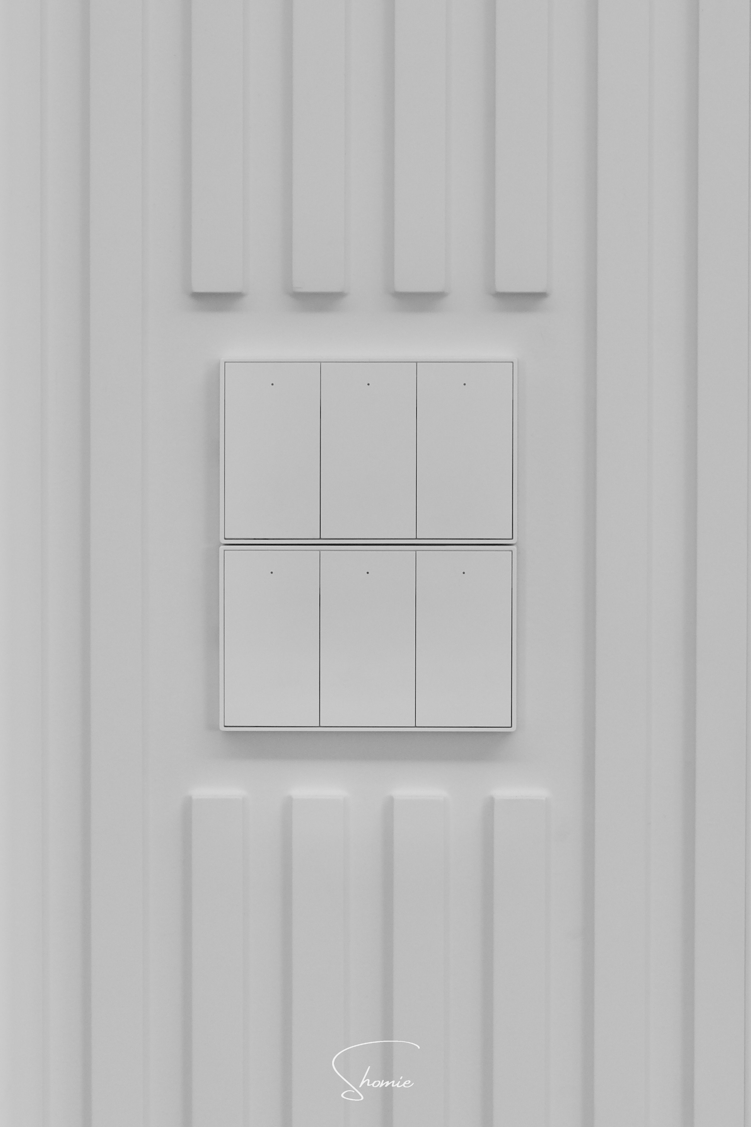 Zemismart K606 智慧開關的安裝範例，兩個開關垂直排列，其簡潔的白色面板與富有立體感的線板牆面形成優雅對比。