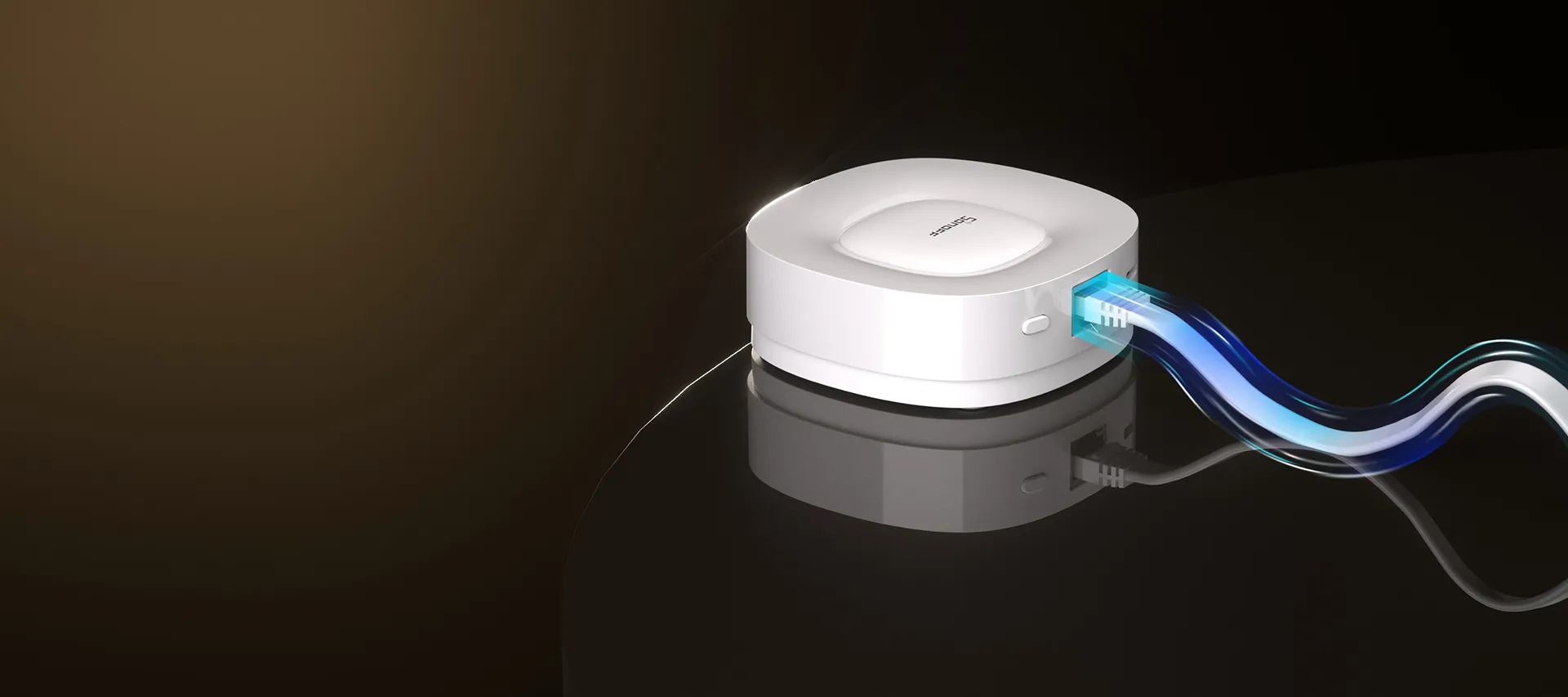 SONOFF ZBBridge-U 智慧家庭中樞的形象圖，其簡潔的白色機身在黑色鏡面上倒映，一道藍色光束從中流出，展現了無縫連接的科技美學。