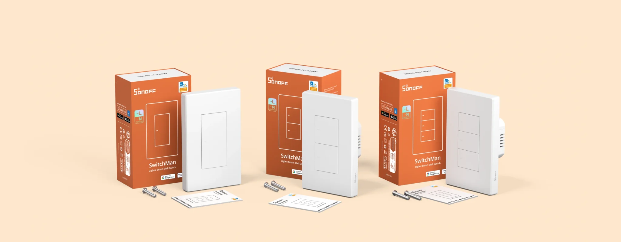 Sonoff M5 Matter 智慧開關系列的產品內容物展示,分別陳列了單鍵、雙鍵與三鍵款式的開關主體、包裝盒、說明書及安裝螺絲。