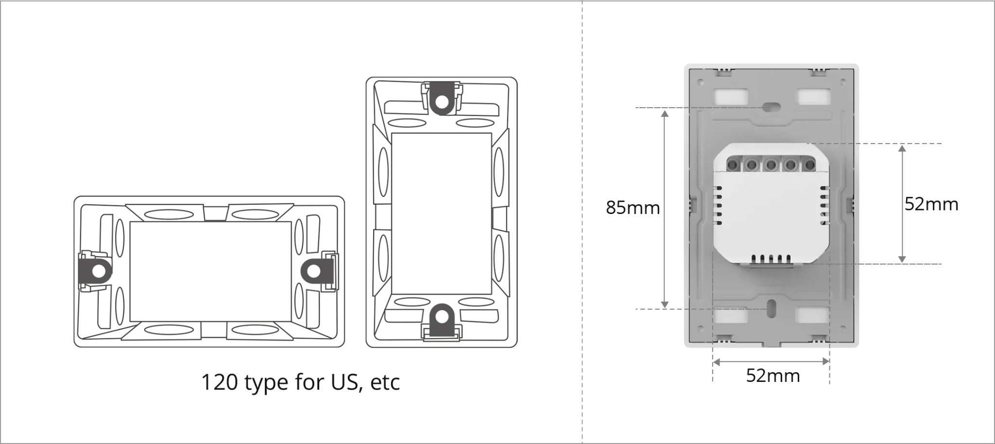 Sonoff M5 Matter 智慧開關的安裝尺寸示意圖,展示了其安裝框架的樣式,以及開關背後的安裝鎖點位置與相關尺寸標示。