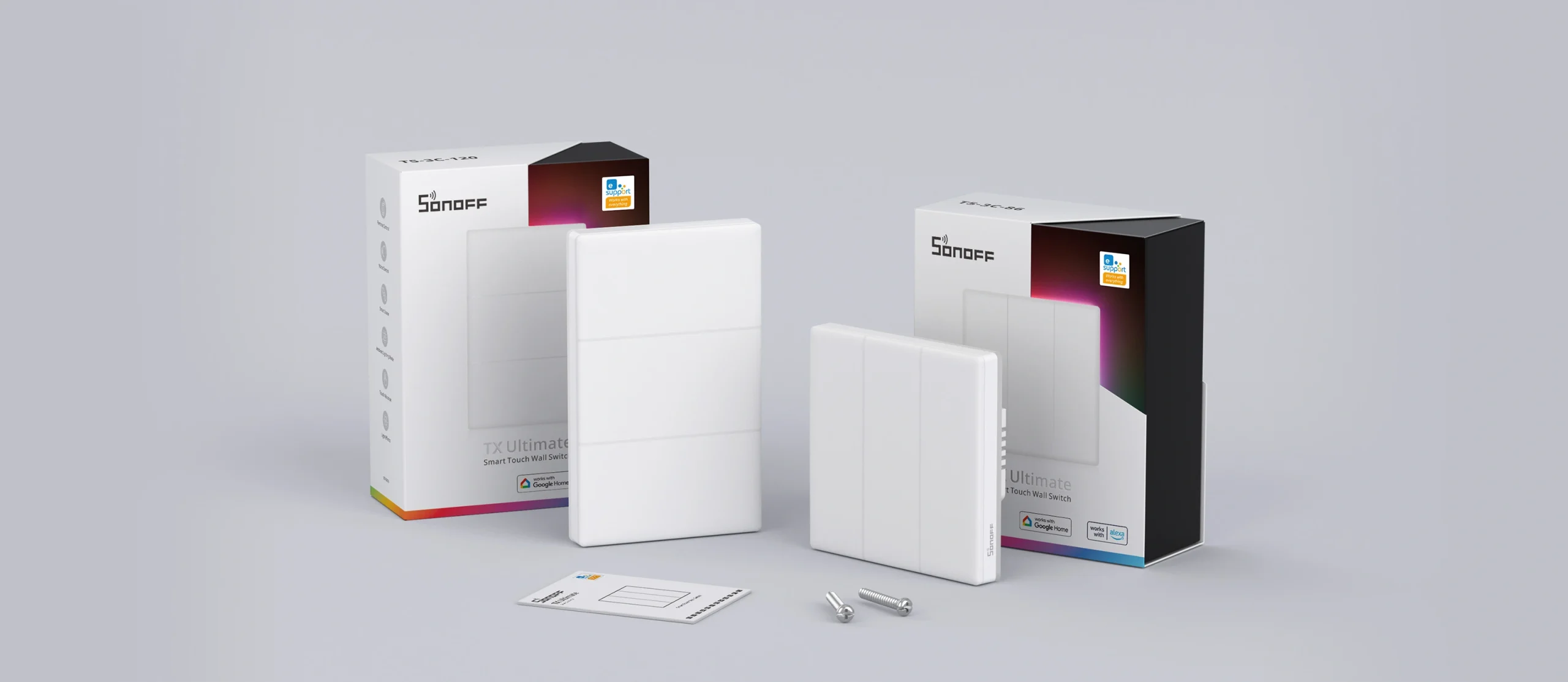 Sonoff T5 智慧觸控開關的產品與包裝圖,同時展示了適用於台灣的 118 型與歐美的 86 型兩種規格尺寸。