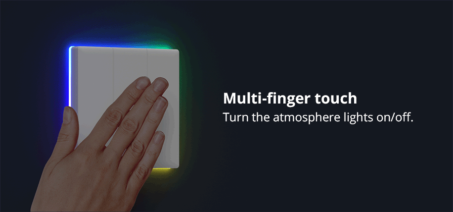 動畫展示使用者輕拍 Sonoff T5 的面板,即可獨立開啟或關閉環繞的 LED 氛圍燈,而不影響主開關狀態。
