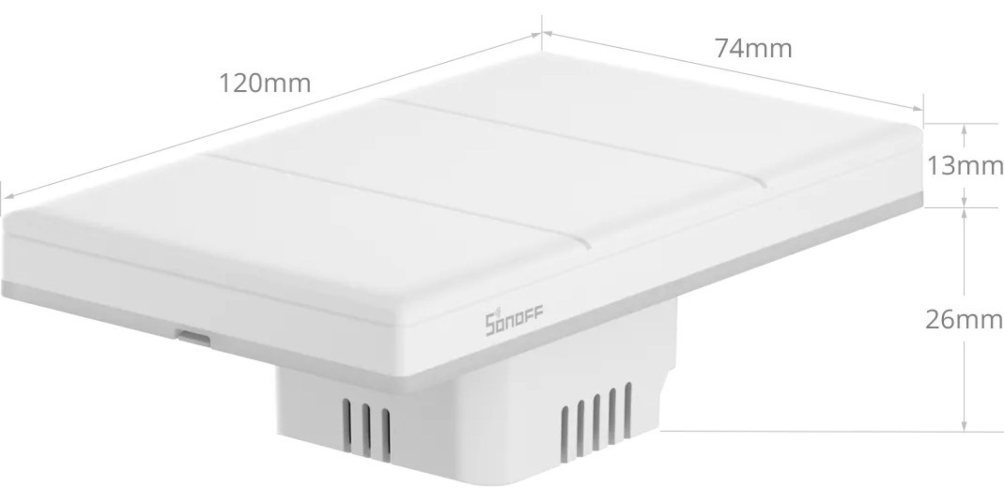 Sonoff T5 智慧開關的尺寸規格圖,標示其面板寬度為 120mm,高度為 74mm,深度為 39mm,符合台灣 118 型開關盒。