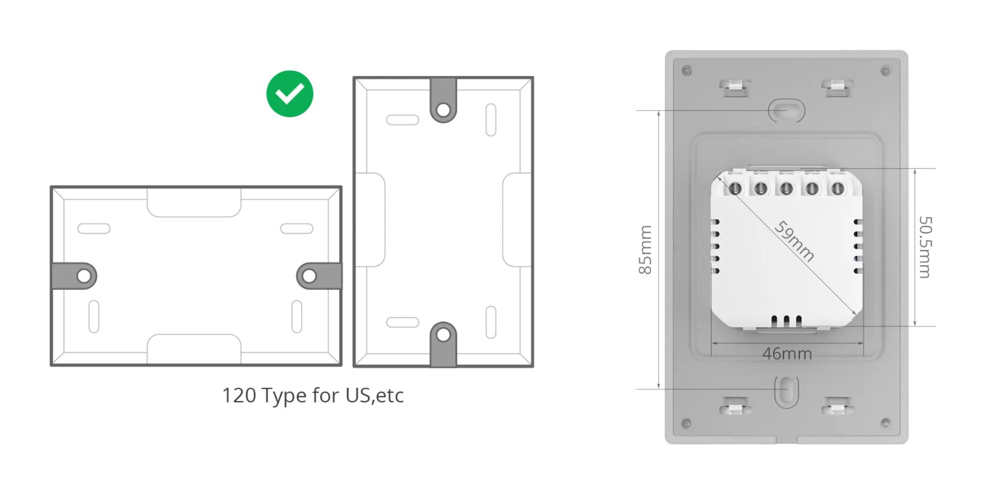 Sonoff T5 智慧開關的安裝特性示意圖,說明其支援水平或垂直安裝,且安裝鎖點距離為 80mm。