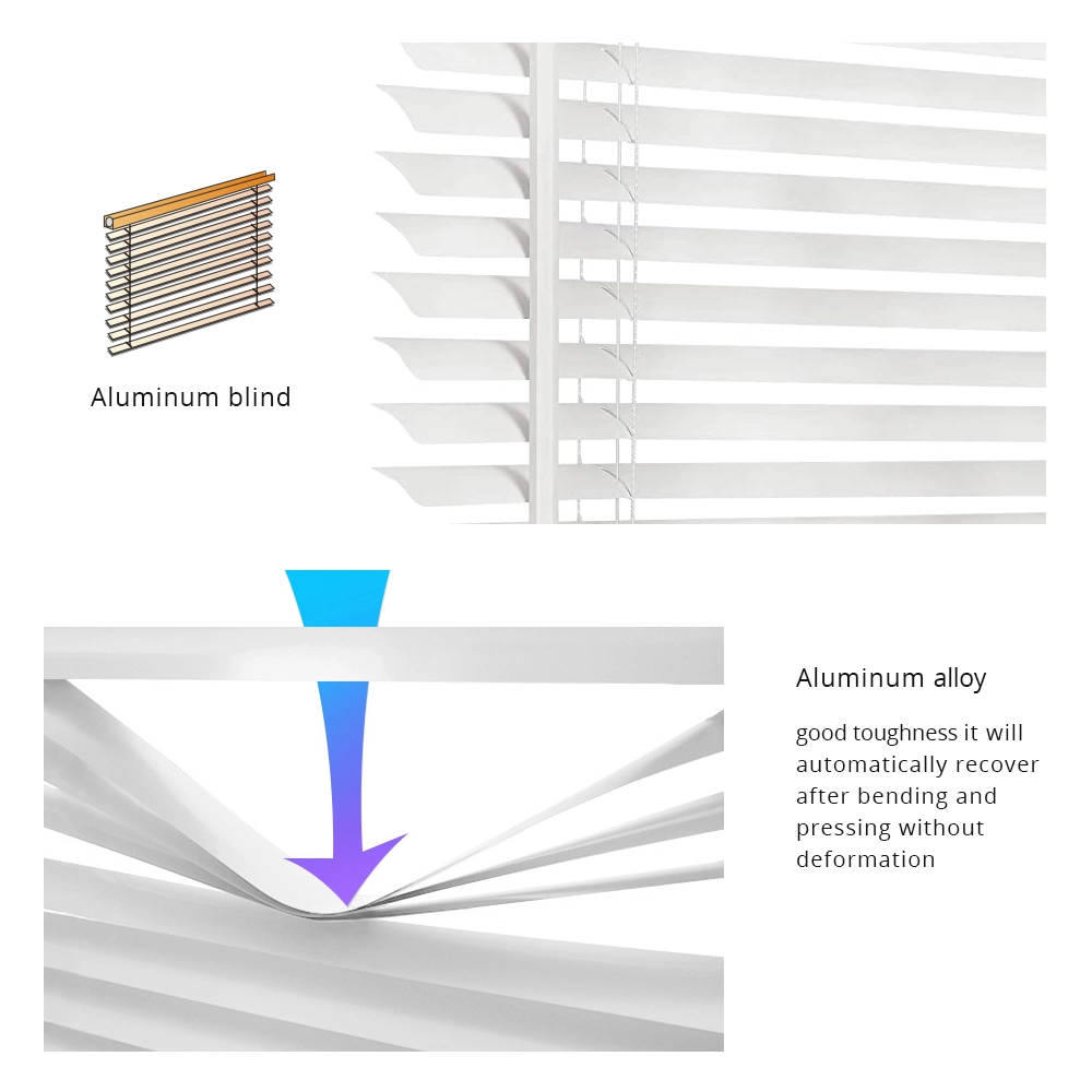 Zemismart Matter 智慧鋁百葉簾的特色示意圖，展示了其百葉窗結構，並透過葉片彎曲測試說明其鋁合金材質具備不易變形的良好韌性。
