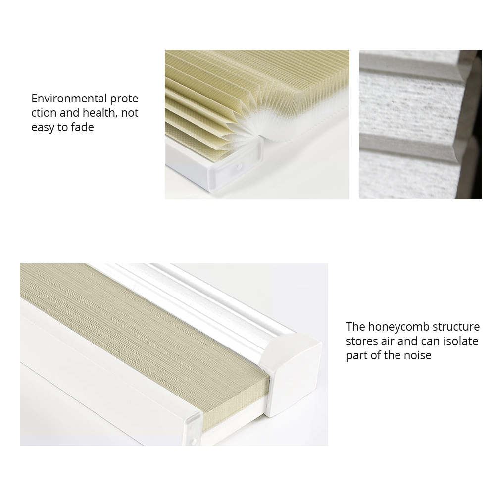 Zemismart Matter 智慧蜂巢簾的材質與結構特寫圖，展示其採用環保健康且不易褪色的布料，以及具備隔音效果的蜂巢式結構。