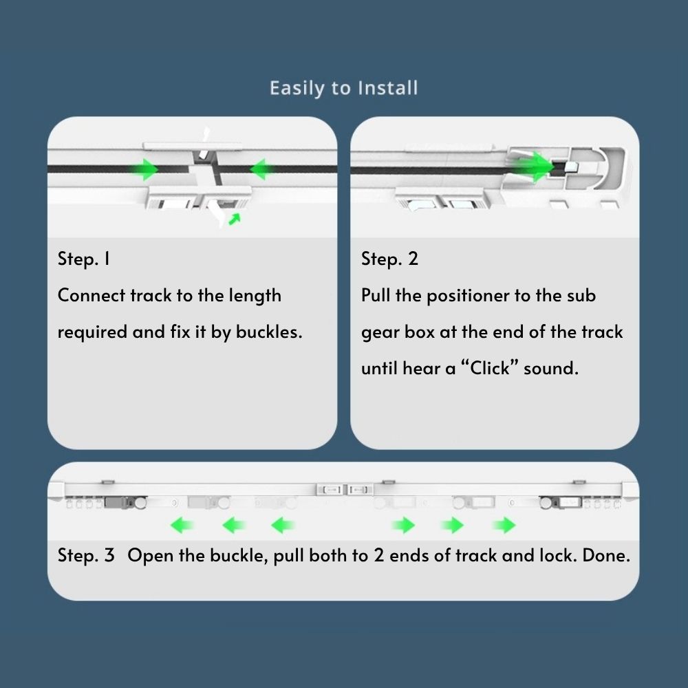 Zemismart MT01 智慧窗簾軌道的安裝步驟圖,內容包含如何拼接軌道、定位傳動裝置以及固定軌道扣環等關鍵步驟。