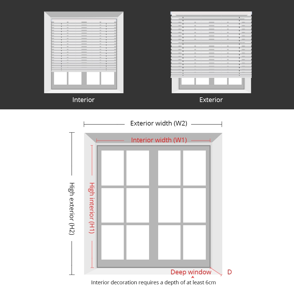 如何為您的智慧捲簾測量尺寸：圖片教學說明，若選擇「內裝」，需測量窗框內部寬高；若選擇「外裝」，則需測量窗框外部寬高。