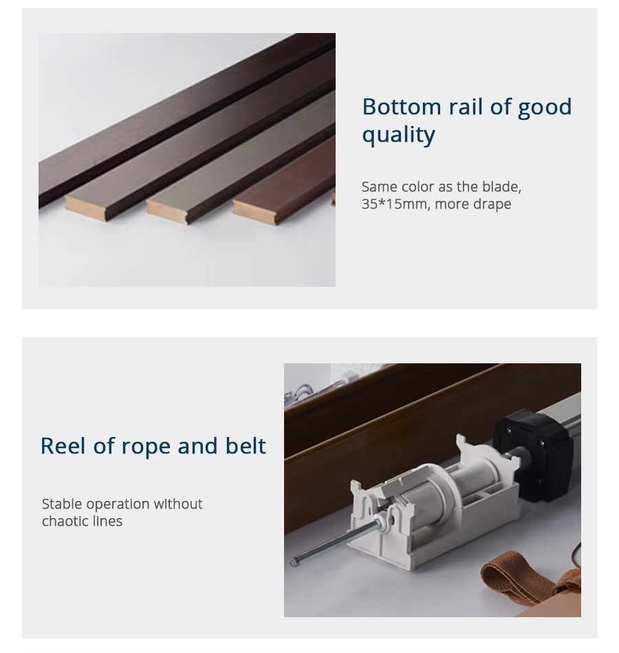 Zemismart Matter 智慧木百葉簾的零件細節圖，分別展示了質感良好的同色底軌，以及確保穩定運作的內部繩帶捲軸。