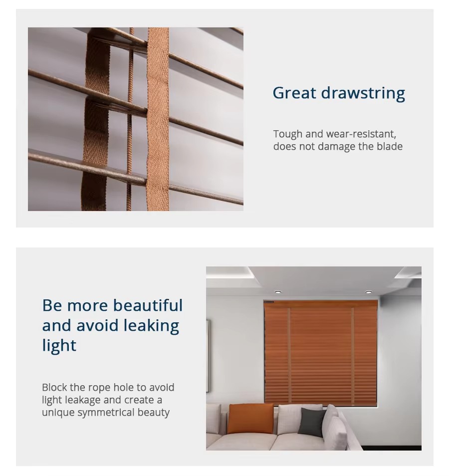 Zemismart Matter 智慧木百葉簾的寬梯帶設計示意圖，說明了其堅韌耐磨的材質特性，以及能有效遮蓋葉片開孔以防止漏光的優點。