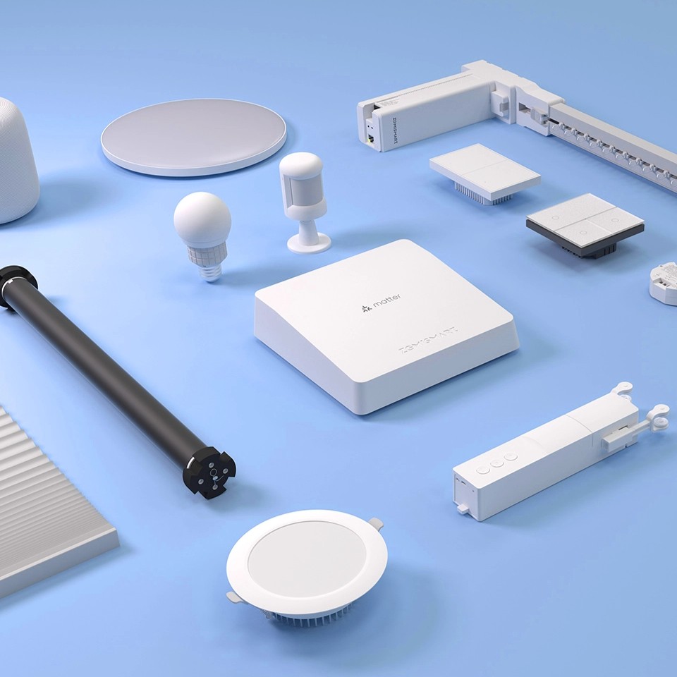 Zemismart M1 Matter 智慧家庭中樞，作為全屋智能的核心，圖片展示了它能統一控制窗簾、照明和感應器等多種設備，打造完整的 Matter 智慧家庭。