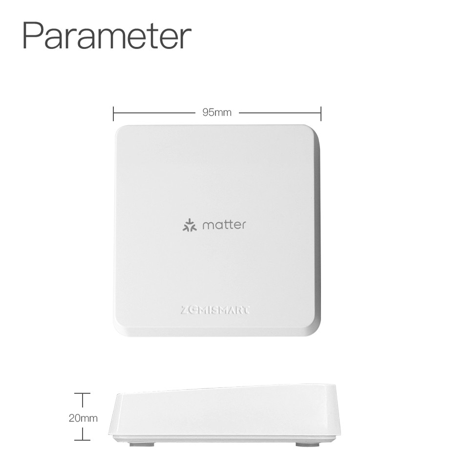 Zemismart M1 Matter 智慧網關的產品尺寸圖，標示其長寬為 95mm，高度為 20mm。