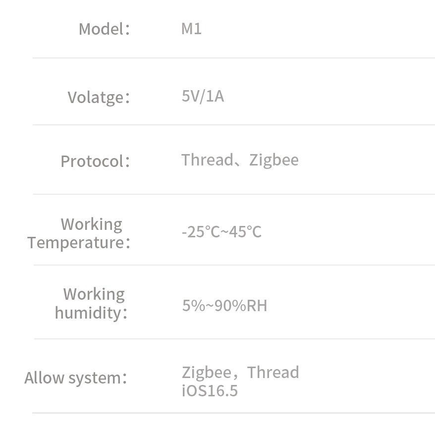 Zemismart M1 Matter 智慧網關的產品規格表，列出了其核心參數，包含支援 Thread 與 Zigbee 協議、工作溫濕度以及系統要求。