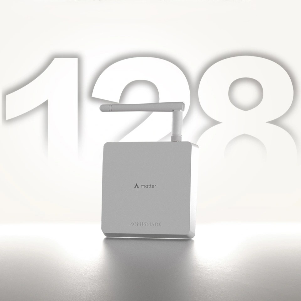 Zemismart M6 Matter 智慧家庭中樞的產品形象圖，其背景顯示醒目的 128 數字代表支援最多 128 個子設備連線數量。