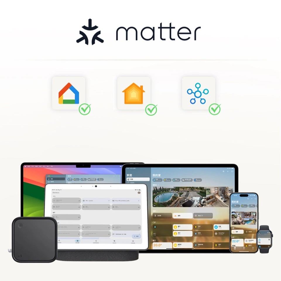Zemismart 智慧網關的 Matter 協議支援示意圖，展示了其可無縫接入 Apple Home、Google Home 與 Samsung SmartThings 等三大智慧家庭平台。