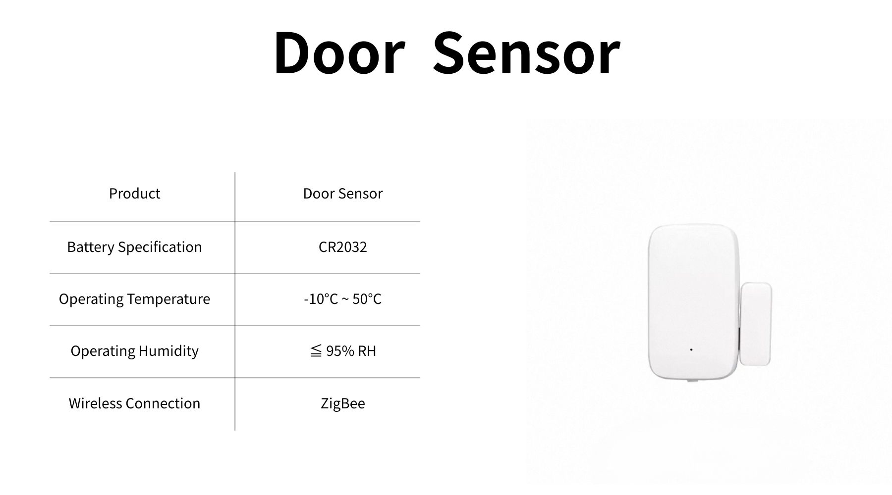 Zemismart 智慧門窗感應器的產品規格表，列出了其主要參數，包含使用的 CR2032 電池、Zigbee 無線技術與工作溫度範圍。