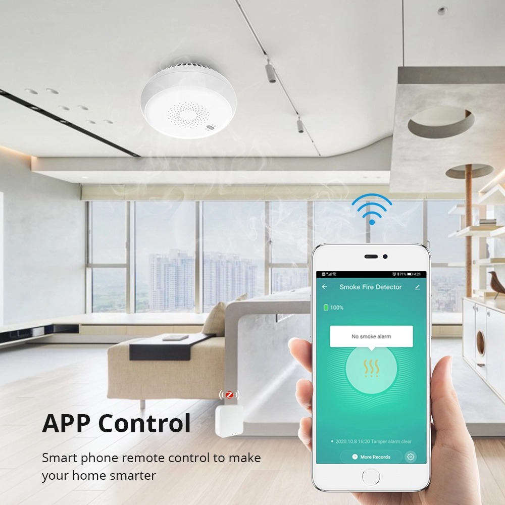 透過手機 App 隨時掌握居家安全，圖片展示了 Zemismart 煙霧偵測器將家中的安全狀態即時回傳到使用者手中，讓人出門在外也能安心。