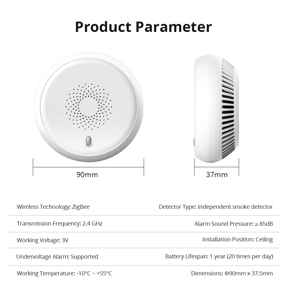 Zemismart 智慧煙霧偵測器規格摘要：直徑 90mm，採用 Zigbee 技術，警報音量大於 85dB，電池壽命約一年。