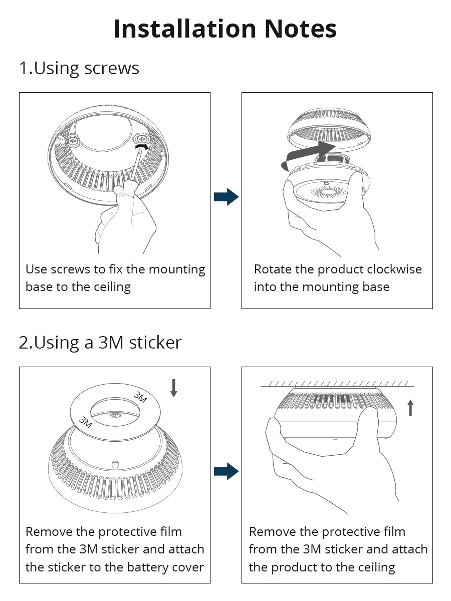 一張圖解 Zemismart 煙霧偵測器安裝方式的指南，提供了鑽孔螺絲固定與免鑽孔 3M 背膠黏貼兩種選擇，方便使用者彈性安裝。
