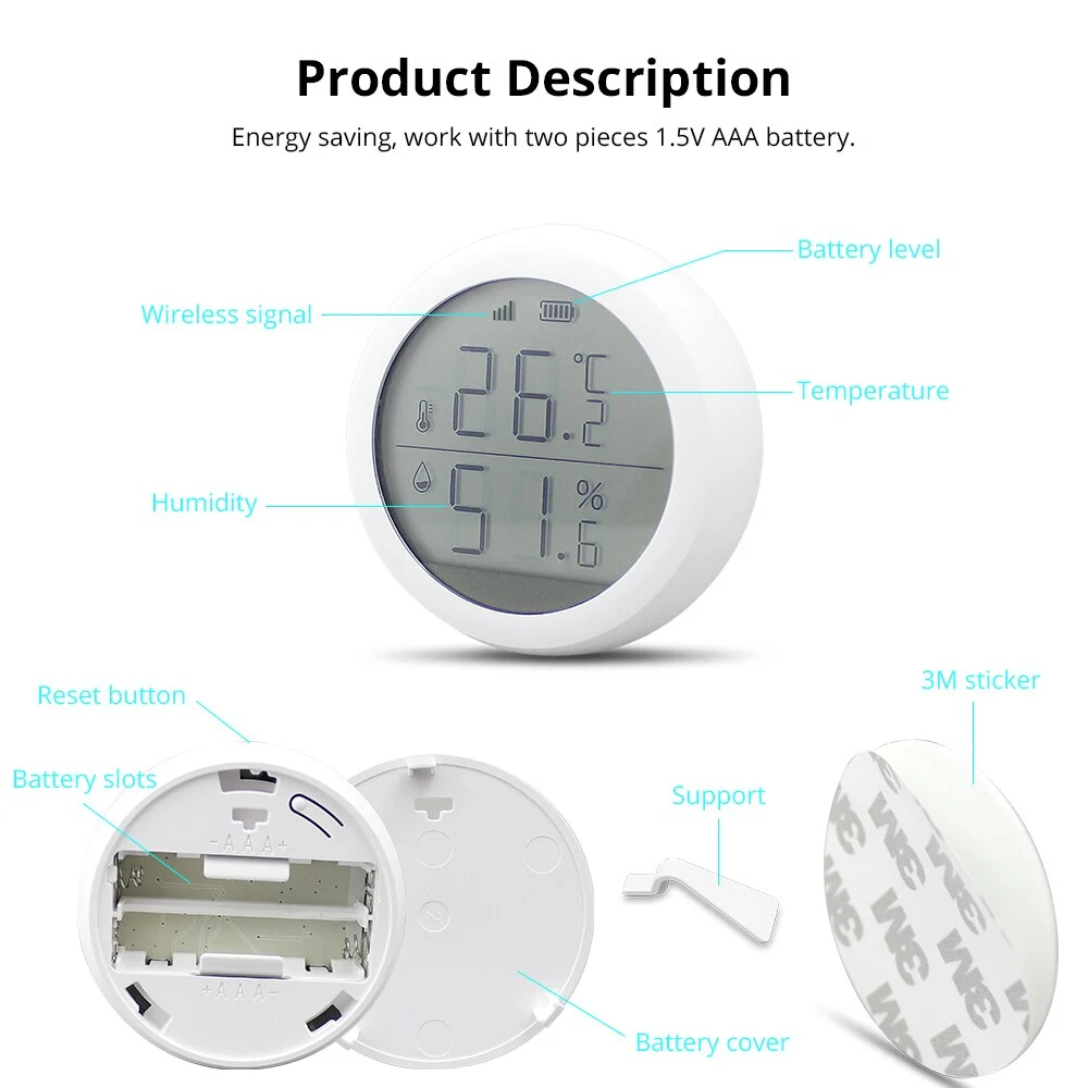 Zemismart 智慧溫濕度感應器的特色說明，其清晰的螢幕讓您輕鬆讀取溫濕度，而背面的電池設計與多種安裝配件，則提供了持久且彈性的使用方式。