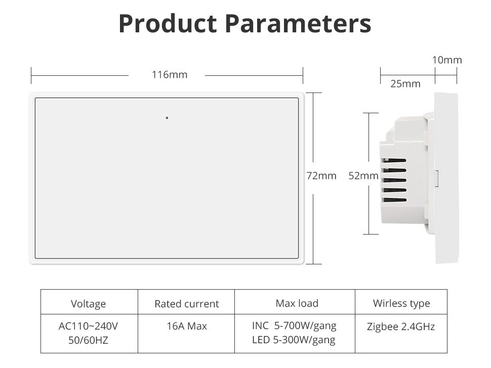 Zemismart K606 智慧開關技術規格：寬度 116mm，高度 72mm，深度 35mm，電壓 110-240V，通訊 Zigbee 2.4GHz，負載 700W/路，額定電流最大負載 16A。


