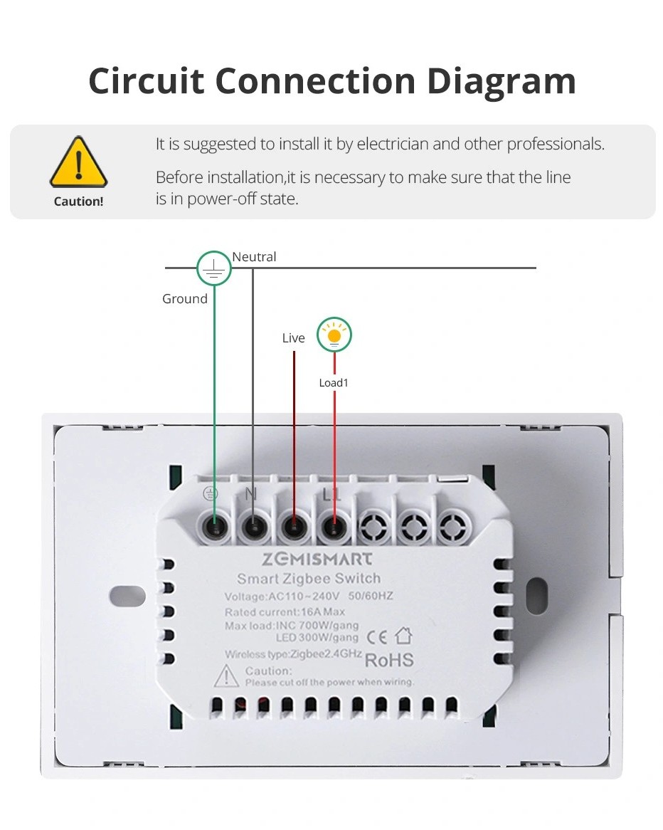 Zemismart K606 智慧開關單鍵背面的電力配置。