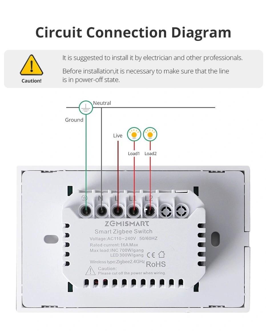 Zemismart K606 智慧開關雙鍵背面的電力配置。