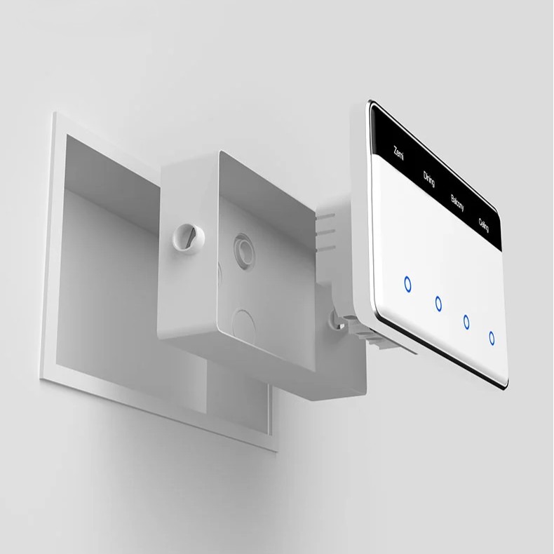 Zemismart ZM206 智慧螢幕開關的安裝結構圖,展示了螢幕面板、主機與牆壁暗盒的組合堆疊方式。