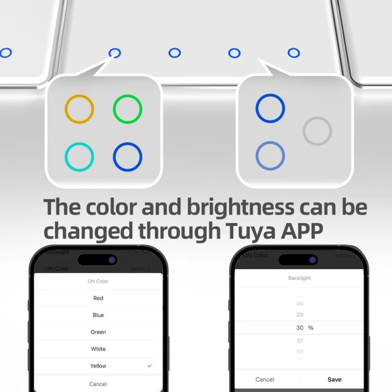 一張展示 Zemismart ZM206 智慧開關自定義功能的圖片,下方為 Tuya App 的顏色與亮度調整介面,上方為開關按鍵燈光隨之變化的實況。