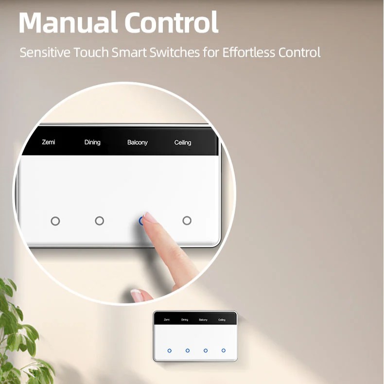 Zemismart ZM206 智慧螢幕開關提供了毫不費力的手動控制體驗,其靈敏的觸控感應讓您只需輕輕一點,即可開關燈光。