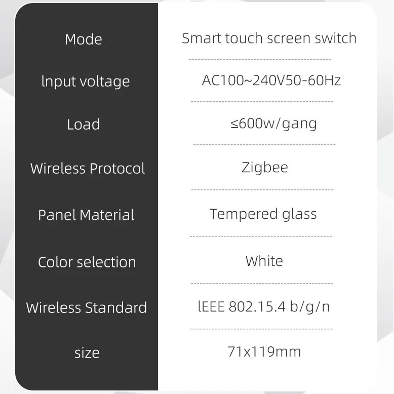 Zemismart ZM206 技術規格:電壓 100-240V,通訊 Zigbee 2.4GHz,負載 600W/路,面板材質為強化玻璃,顏色為白色。