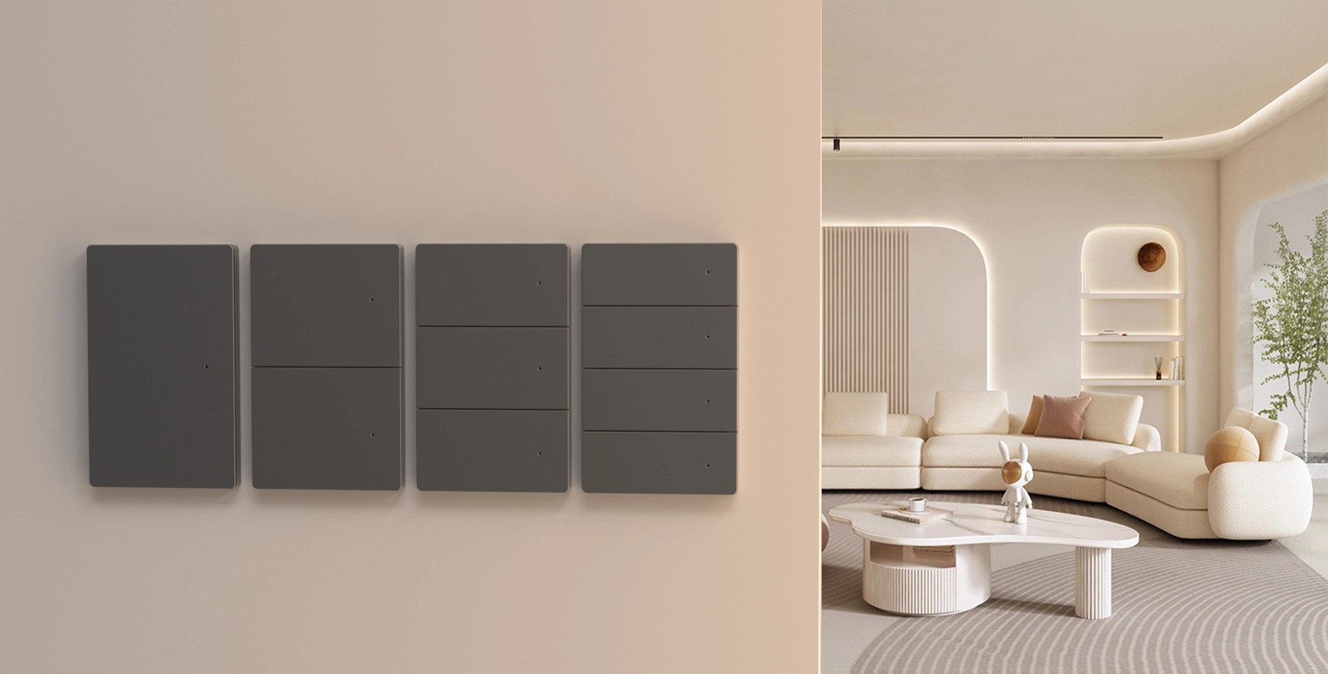 Zemismart ZM808 鋁合金智慧開關,以其簡約設計安裝在現代客廳的牆壁上,支援 HomeKit 自動化。