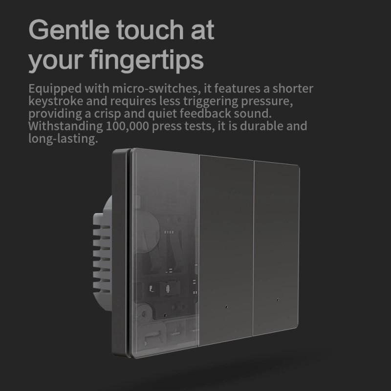 Zemismart ZM808 智慧開關的內部結構圖,展示其採用了通過十萬次測試的微動開關,以提供「Gentle touch at your fingertips」的安靜按壓回饋。