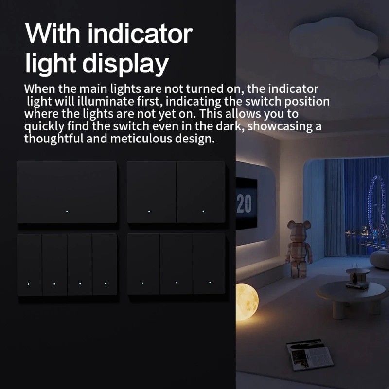 在夜晚的房間裡,Zemismart ZM808 智慧開關的 LED 指示燈發出微光,不僅是黑暗中的清晰指引,也為您的現代室內設計增添一抹科技美感。