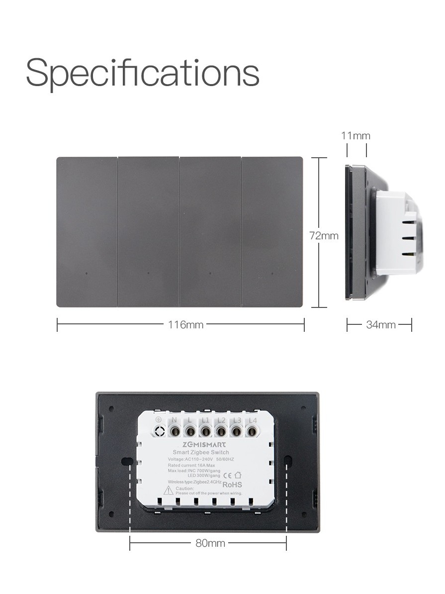 一張說明 Zemismart ZM808 智慧開關安裝規格的圖,其 80mm 的鎖點距離與 116x72mm 的面板,專為台灣標準 118 型開關盒設計。